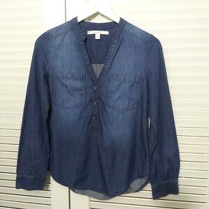 LC Lauren Conrad Chambray Shirt 100% Cotton Blue Long Sleeve Tunic Top Womens XS